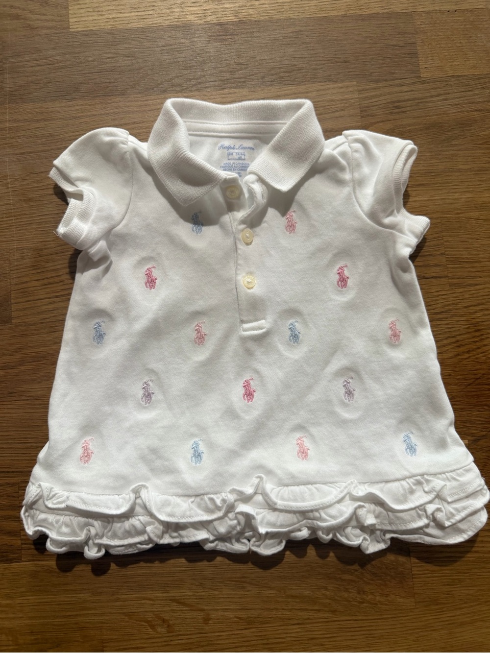 Ralph Lauren White Polo Top with Pink & Blue Pony Embroidery 3M